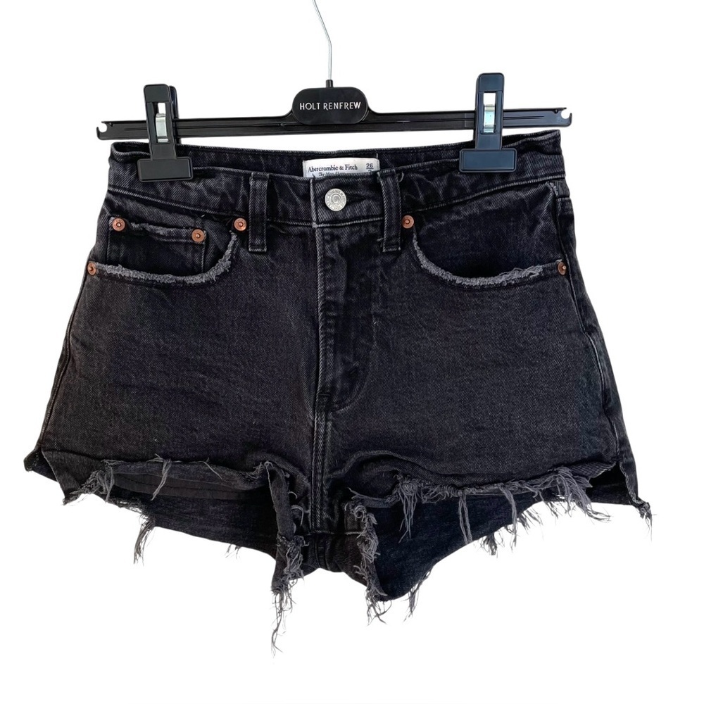 Abercrombie & Fitch High Waisted Mom Fit Denim Frayed Jean Shorts Black 26/2